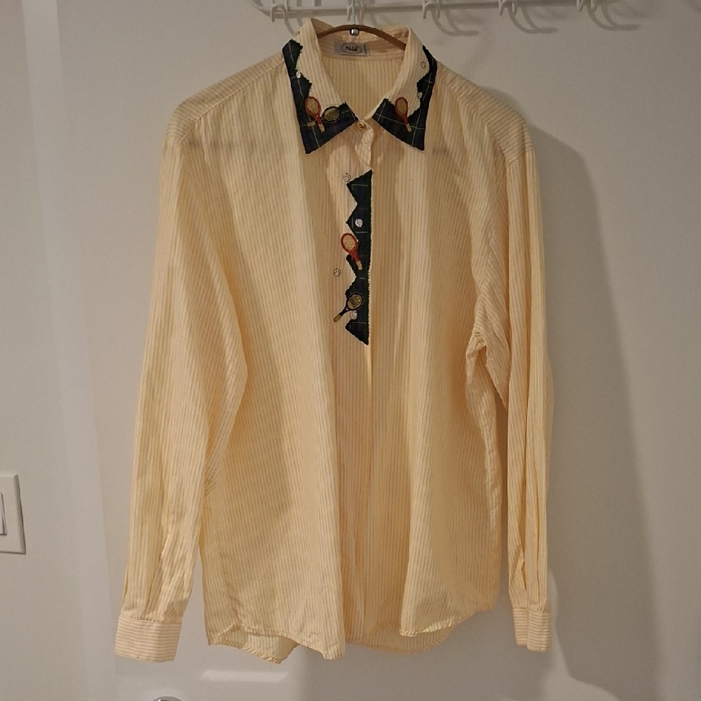 Women's Vintage Striped Embroidered Shirt with Novelty Tennis Theme (Size M)